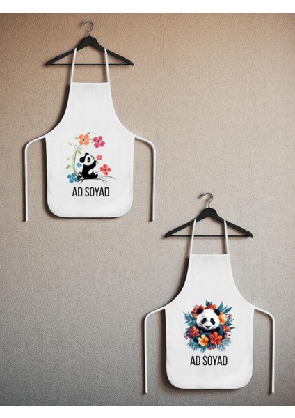 Çiçekli Panda Baskılı Isme Özel 2'li Keten Mutfak Önlüğü