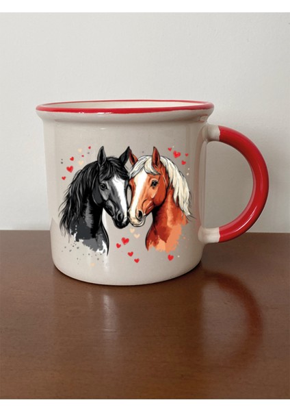 Kalpli Atlar Baskılı Ağzı Kırmızı Kupa Bardak Doğum Günü Hediyesi