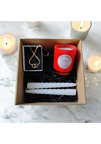 Hediye Seti-Kokulu Kırmızı Bardak Mum-Halka Kolye+ Beyaz Burgulu Mum