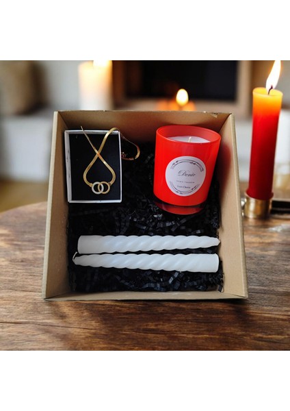 Hediye Seti-Kokulu Kırmızı Bardak Mum-Halka Kolye+ Beyaz Burgulu Mum modelleri