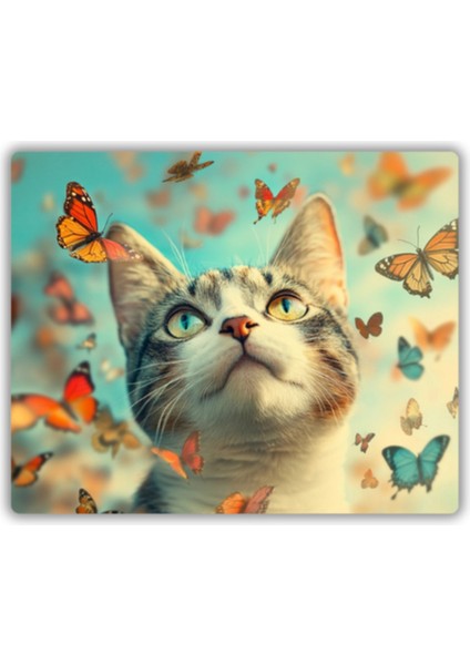 Kedi ve Kelebekler Baskılı Mouse Pad 18X22 cm