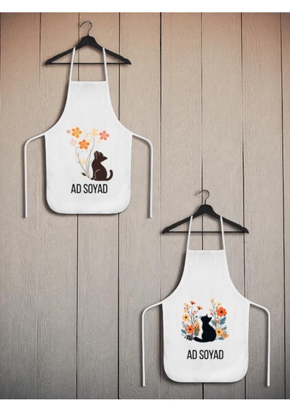 Çiçek ve Kedi Baskılı Isme Özel 2'li Keten Mutfak Önlüğü