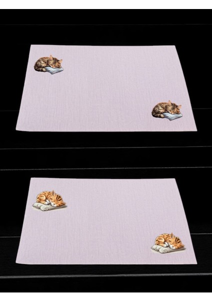Uyuyan Kedi Baskılı Mutfak Masası 2'li Keten Servis Bezi 28X40 cm Amerikan Servis