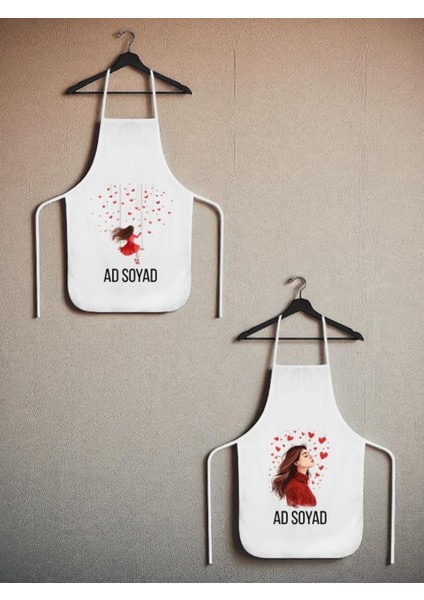 Kalpli Kadın Baskılı Isme Özel 2'li Keten Mutfak Önlüğü