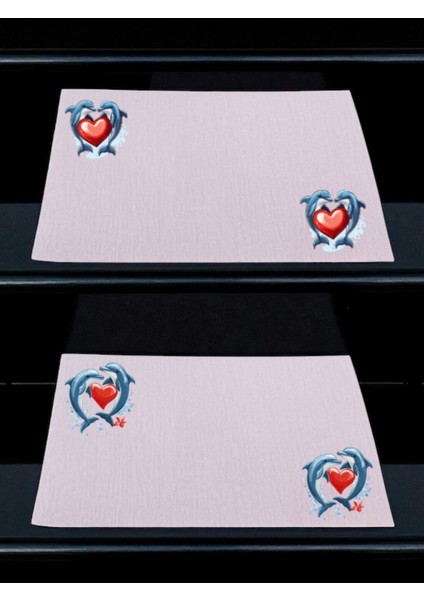 Kalp ve Yunus Baskılı Mutfak Masası 2'li Keten Servis Bezi 28X40 cm Amerikan Servis