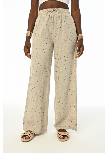 Kadın Beli Lastikli Bol Paça Önü Taş Işlemeli Keten Pantolon