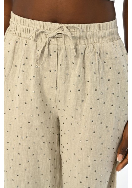 Kadın Beli Lastikli Bol Paça Önü Taş Işlemeli Keten Pantolon fiyatları