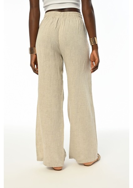 Kadın Beli Lastikli Bol Paça Önü Taş Işlemeli Keten Pantolon modelleri