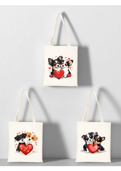 Kalp ve Köpek Baskılı Bez Çanta 3'lü Omuz Çantası - Kadın Için Doğum Günü Hediyesi