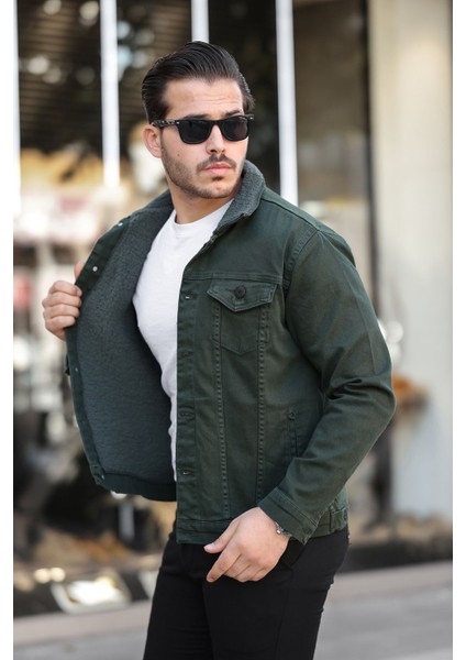 Erkek Trend Kışlık Içi Kürklü Kot Ceket Haki