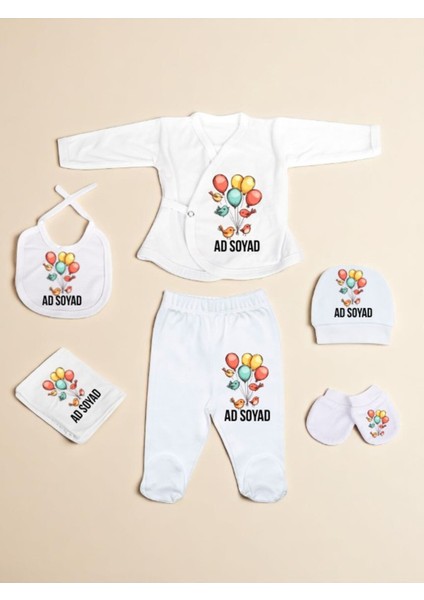 Balonlu Kuşlar Baskılı Bebek Hastane Çıkış Seti Yeni Doğan Bebek Hediyesi Bebeğe Hediye