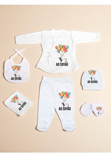 Balonlu Kediler Baskılı Bebek Hastane Çıkış Seti Yeni Doğan Bebek Hediyesi Bebeğe Hediye