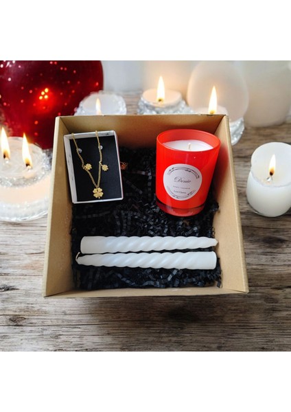 Hediye Seti-Kokulu Kırmızı Bardak Mum-Yonca Kolye+ Beyaz Burgulu Mum