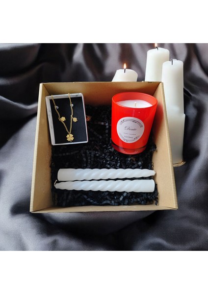 Hediye Seti-Kokulu Kırmızı Bardak Mum-Yonca Kolye+ Beyaz Burgulu Mum modelleri