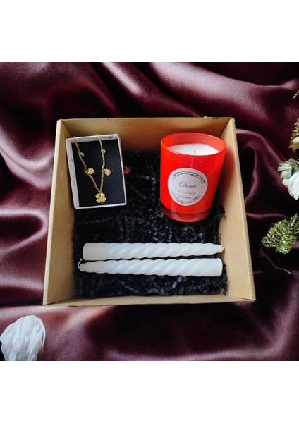 Hediye Seti-Kokulu Kırmızı Bardak Mum-Yonca Kolye+ Beyaz Burgulu Mum indirimleri