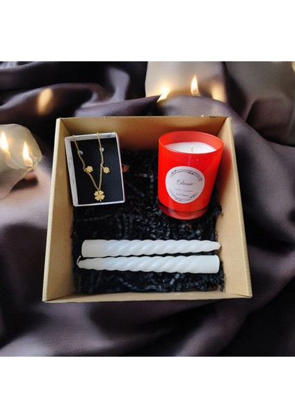 Hediye Seti-Kokulu Kırmızı Bardak Mum-Yonca Kolye+ Beyaz Burgulu Mum