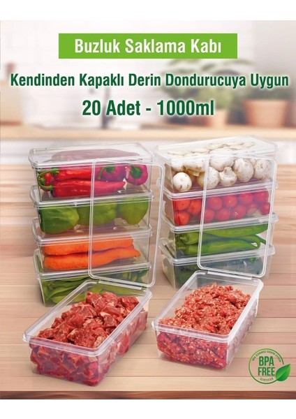 20 Adet 1 Lt. Kendinden Kapaklı Difrize Uygun Buzluk Saklama Kutusu Düzenleyici