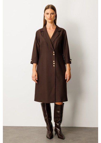 Kadın Büyük Beden Kruvaze Yaka Midi Elbise 4509 Kahverengi