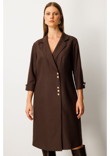 Kadın Büyük Beden Kruvaze Yaka Midi Elbise 4509 Kahverengi modelleri
