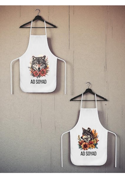 Çiçekli Kurt Baskılı Isme Özel 2'li Keten Mutfak Önlüğü