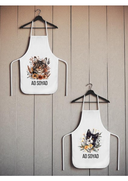 Çiçek ve Kedi Baskılı Isme Özel 2'li Keten Mutfak Önlüğü