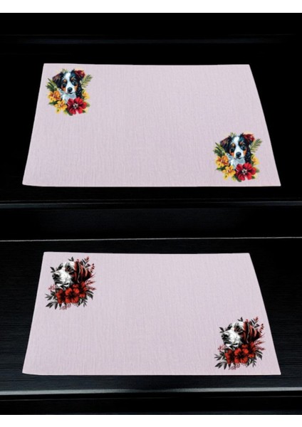 Çiçek ve Köpek Baskılı Mutfak Masası Keten Servis Bezi 28X40 cm Amerikan Servis