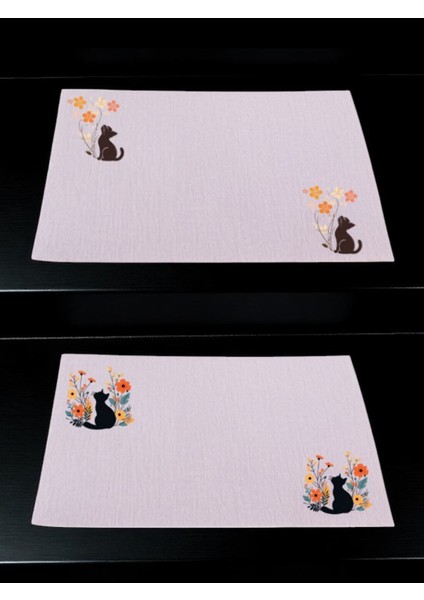 Çiçek ve Kedi Teması Baskılı Mutfak Masası Keten Servis Bezi 28X40 cm Amerikan Servis
