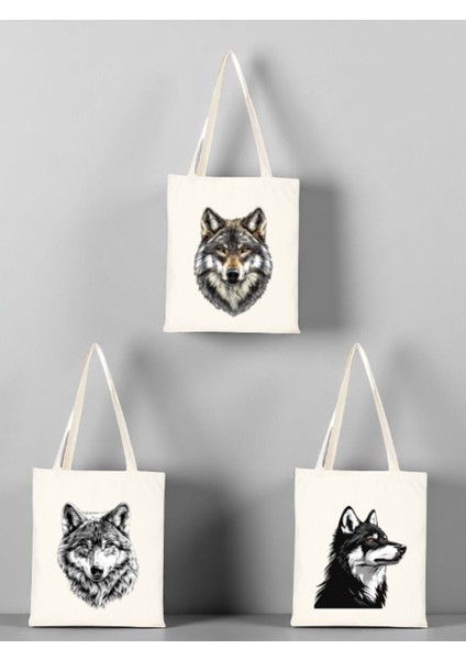 Kurt Baskılı Bez Çanta 3'lü Omuz Çantası - Büyük Bez Çanta