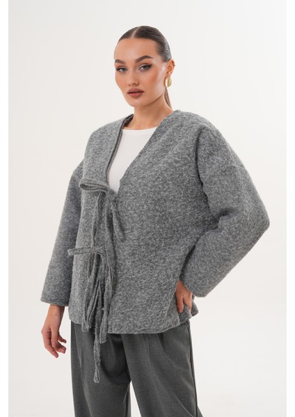 Kırçıllı Önü Bağlamalı Gri Oversize Kaban modelleri