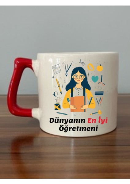 En Iyi Öğretmen Baskılı Öğretmenler Günü Hediyesi Kırmızı Kulplu Kupa Bardak