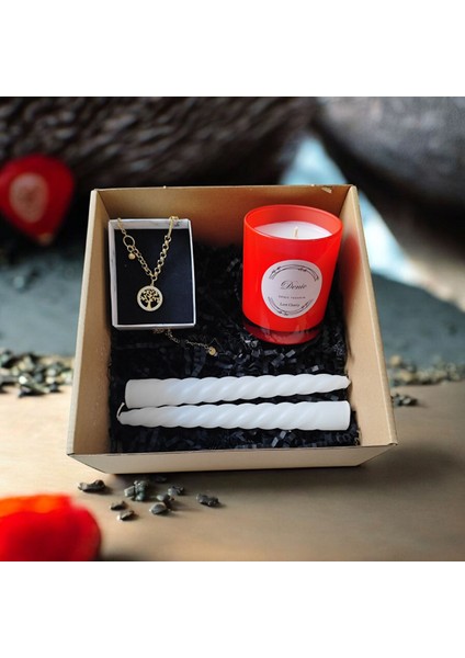 Hediye Seti-Kokulu Kırmızı Bardak Mum-Yaşam Agacı Kolye+Burgulu Mum
