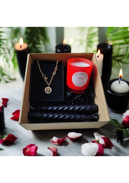 Hediye Seti-Kokulu Kırmızı Bardak Mum-Yaşam Agacı Kolye+Burgulu Mum modelleri
