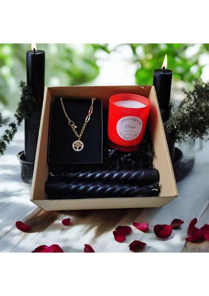 Hediye Seti-Kokulu Kırmızı Bardak Mum-Yaşam Agacı Kolye+Burgulu Mum fırsatları