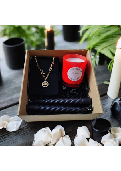 Hediye Seti-Kokulu Kırmızı Bardak Mum-Yaşam Agacı Kolye+Burgulu Mum indirimleri