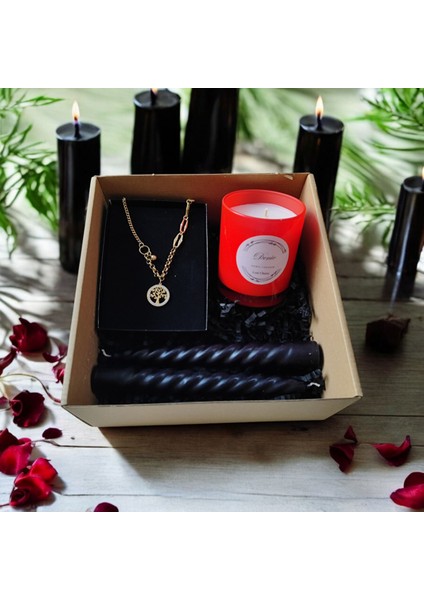 Hediye Seti-Kokulu Kırmızı Bardak Mum-Yaşam Agacı Kolye+Burgulu Mum