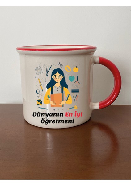 Öğretmenler Gününe Özel Hediyelik Kırmızı Ağızlı Kupa Bardak