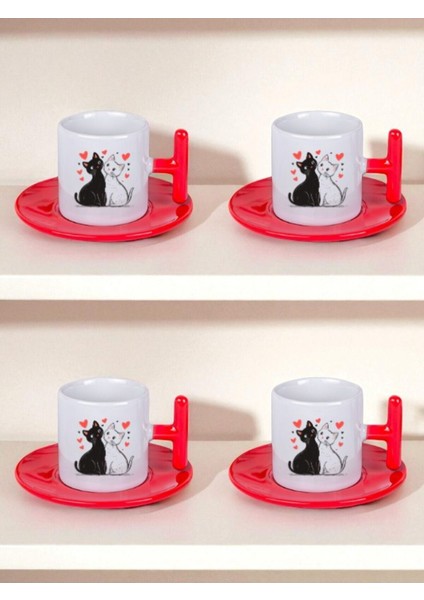 Kalp ve Kedi Baskılı 4'lü Türk Kahvesi Fincanı Fincan Seti