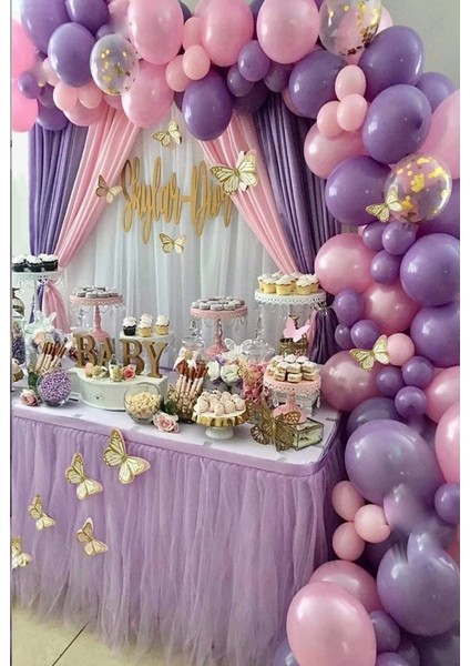 70 Adet Şeffaf Pullu Lila Pembe Makaron Soft Balon Zincir Seti Dogum Günü Balonu