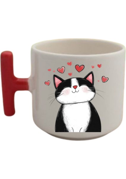 Kalp ve Sevimli Kedi Baskılı Kahve Kupası Kupa Bardak Doğum Günü Hediyesi