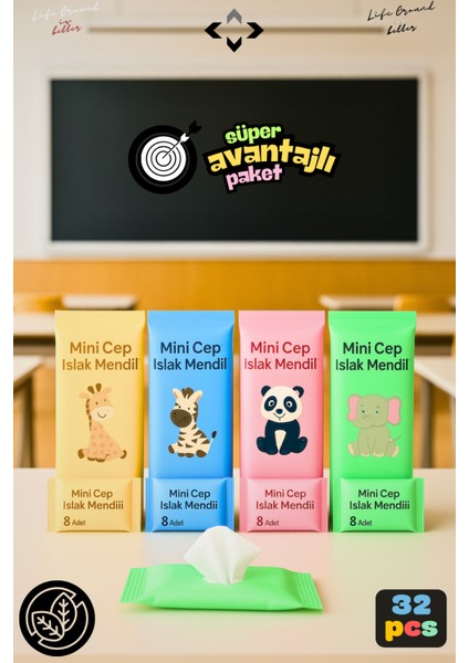 4x8 32 Paket Mini Islak Mendil Kokusuz Temizlik Bezi Çocuk ve Okul Çanta Için Taşınabilir Hijyenik