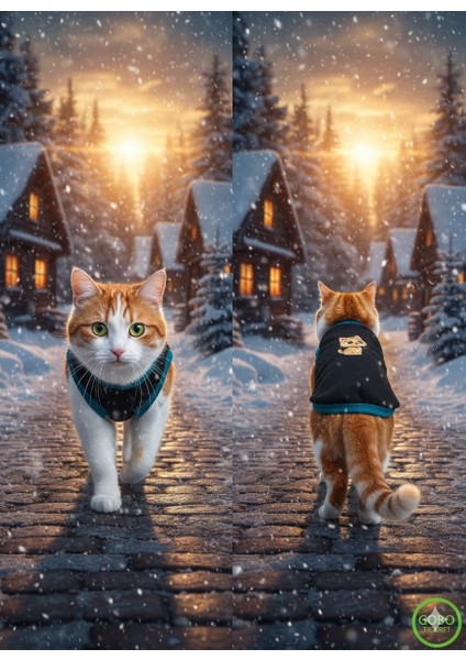 Sarı Kedi Baskılı Kışlık Siyah Kedi Köpek Kıyafeti Elbisesi