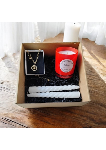 Hediye Seti-Kokulu Kırmızı Bardak Mum-Yaşam Agacı Kolye+Beyaz Burgulu Mum fiyatları