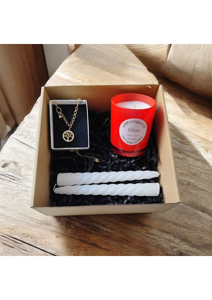 Hediye Seti-Kokulu Kırmızı Bardak Mum-Yaşam Agacı Kolye+Beyaz Burgulu Mum modelleri