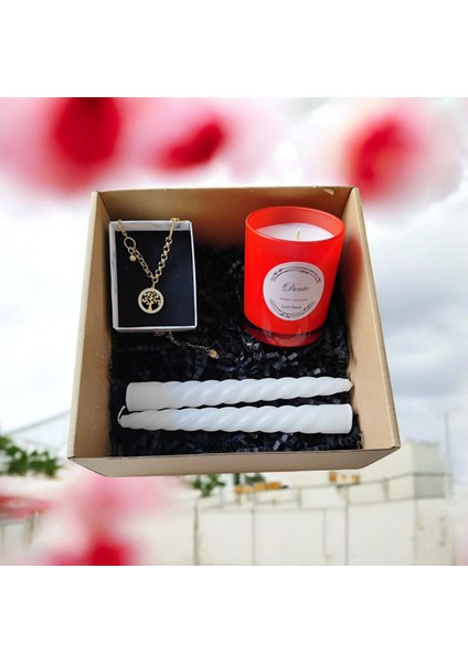 Hediye Seti-Kokulu Kırmızı Bardak Mum-Yaşam Agacı Kolye+Beyaz Burgulu Mum fırsatları