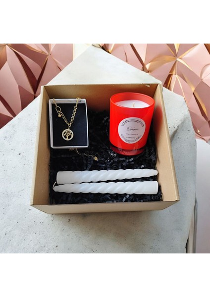 Hediye Seti-Kokulu Kırmızı Bardak Mum-Yaşam Agacı Kolye+Beyaz Burgulu Mum indirimleri