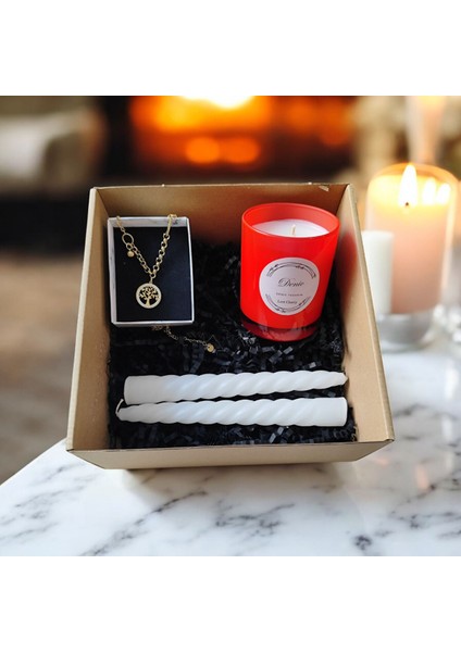 Hediye Seti-Kokulu Kırmızı Bardak Mum-Yaşam Agacı Kolye+Beyaz Burgulu Mum