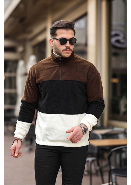 Yarım Fermuarlı Üç Renk Polar Sweatshirt