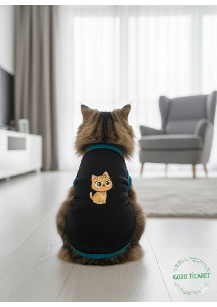 Sarı Kedi Baskılı Kışlık Siyah Kedi Köpek Kıyafeti Elbisesi