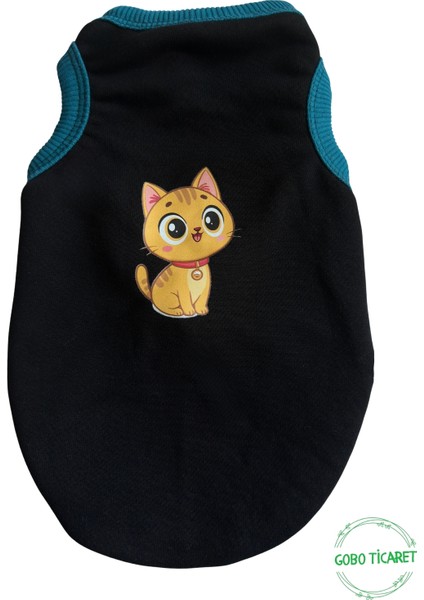 Sarı Kedi Baskılı Kışlık Siyah Kedi Köpek Kıyafeti Elbisesi