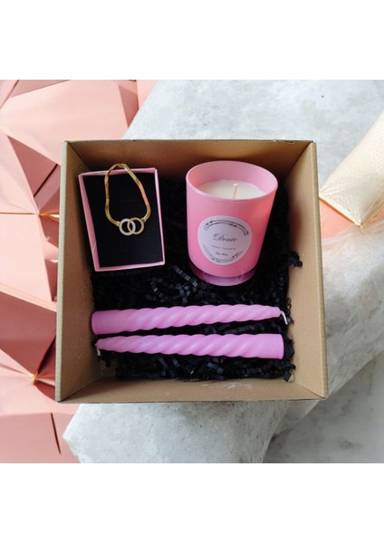 Hediye Seti-Kokulu Pembe Bardak Mum-Halka Kolye+Burgulu Mum